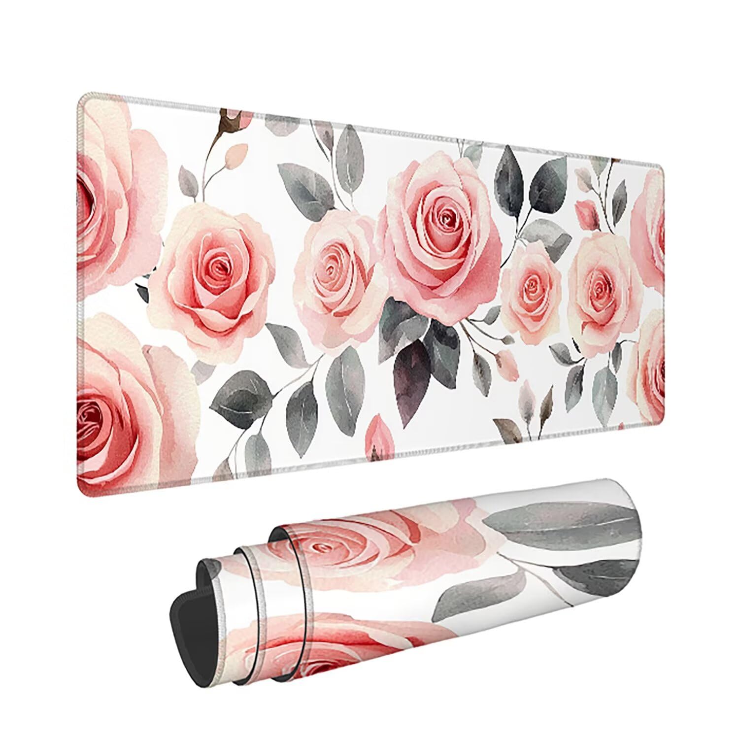 Podkładka pod mysz XXL Flower - 1400x600x3mm - Biała duża mata na biurko z przeszytymi krawędziami i antypoślizgowa wodoodporna do komputera, laptopa poprawia precyzję i szybkość. -35518