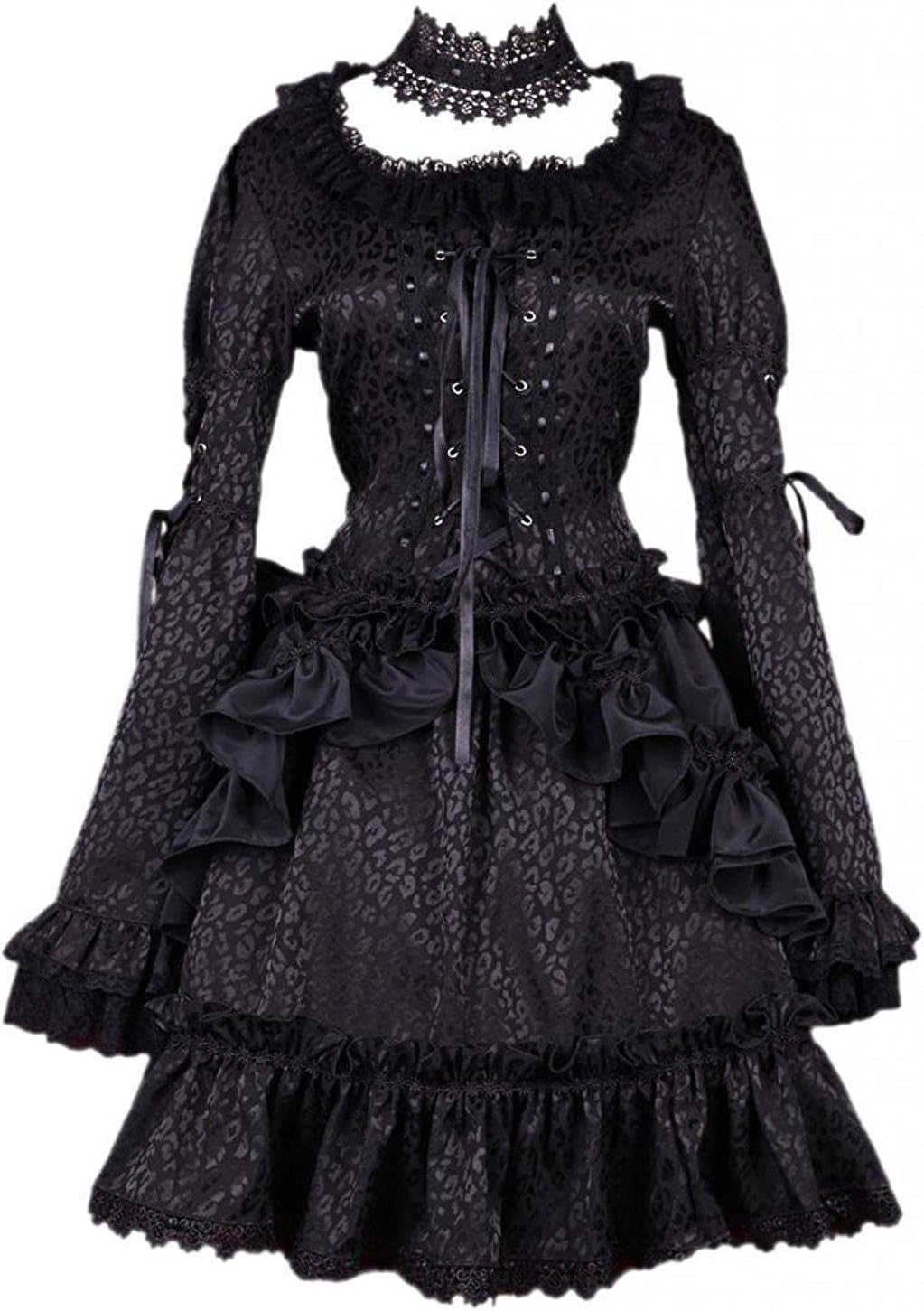 AincluWomens Black Satin Square Neck Long Sleeves Ruffles Gothic Lolita Dress