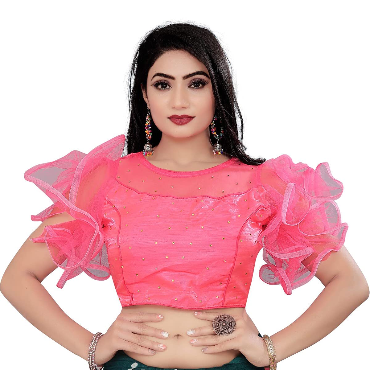 Primefairwomens Satin Fancy Net Solid Short Length Sleeve Saree