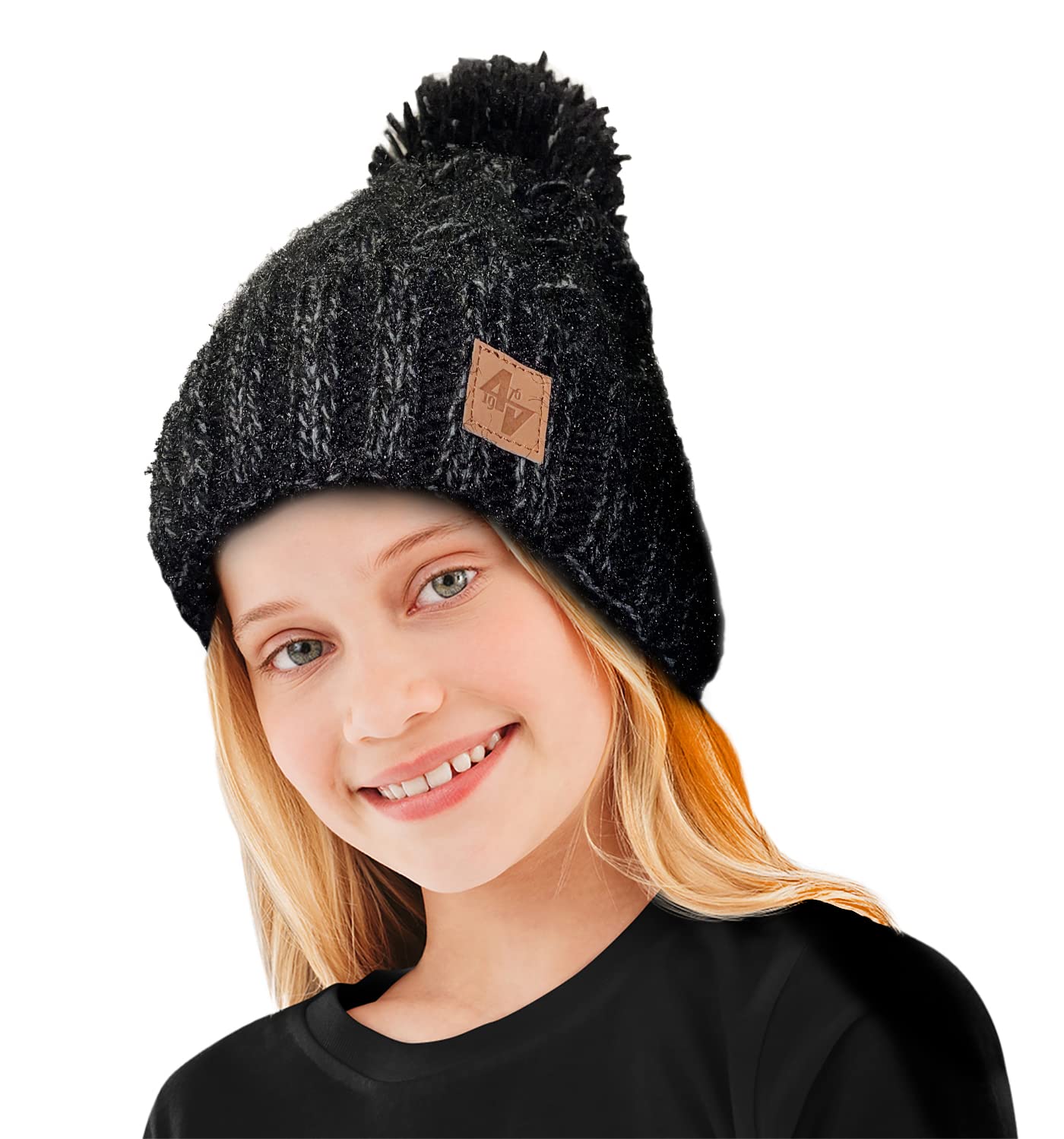 4Sold Unisex Kids Zizzy Black Bobble Hat Plain Kids Beanie Warm Winter Pom Wooly Cap Corkscrew Cable Knitted