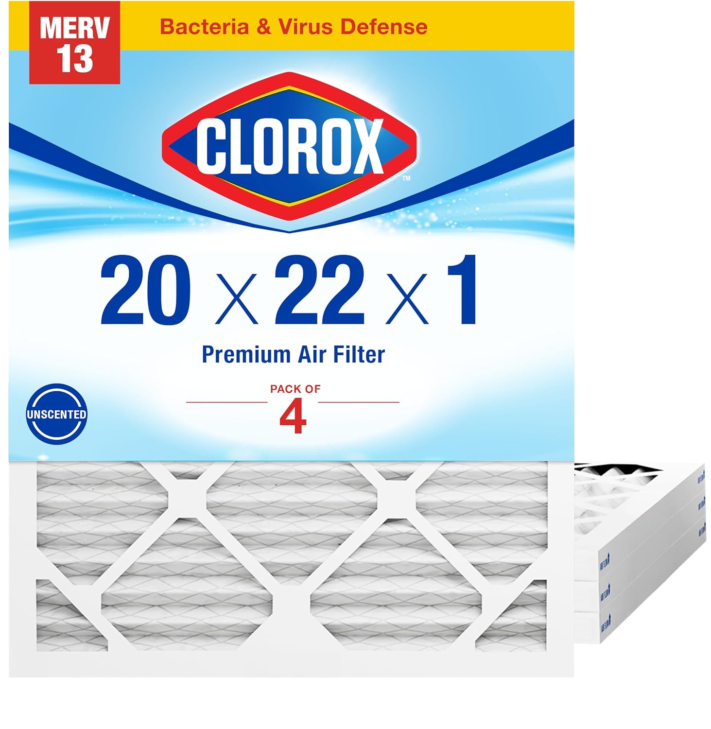 Clorox 20x22x1 Air Filter, MERV 13 Pleated HVAC AC Furnace Air Filters for Allergies, Pet Dander, Smoke and more, MPR 1500 & FPR 10 – Pack of 4