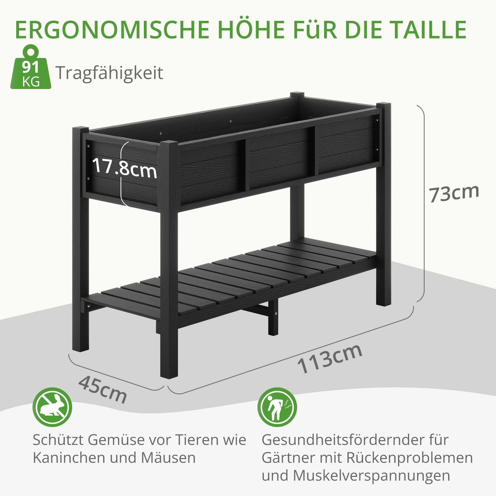 LUE BONA Hochbeet mit Werkzeugen, 113 x 45 x 73cm, HDPS - Hochbeetkasten mit Beinen und Ablagefach, wetterbeständig, 3 Jahre Garantie, für Kraut - & Gemüseanbau, Garten, Balkon, schwarz