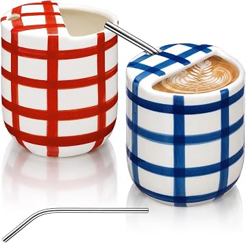 2 Pcs 10 oz Ceramic Coffee Mug with Sip Hole,Classic,Red Blue