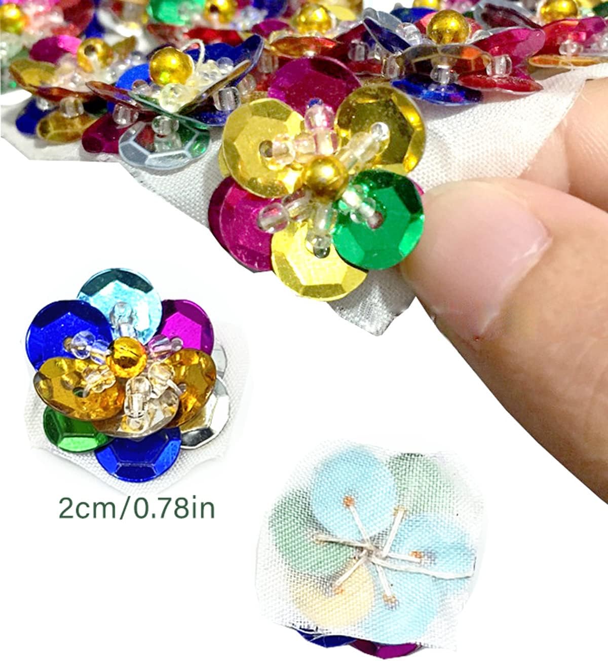 100 Pack Beaded Sequin Flower Sew on Patches Glitter Mini Crystal Paillette Applique Cloth Motif for DIY Wedding Garment Bags Accessory Hair Headband Decor (Multi)