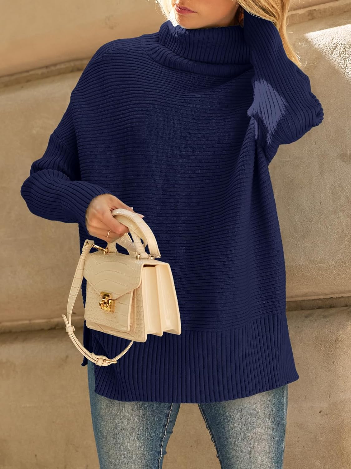 LILLUSORY Women's Oversized Turtleneck Sweaters Fall Batwing Sleeve Ribbed Tunic Sweater - Image 6