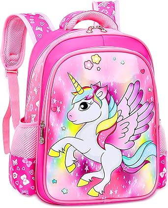 Children's Backpack Girls and Boys Unicorn Backpack School Backpack Unicorn Cartoon Print School Bag with Chest Strap and Compartments Waterproof Backpack Pink Leisure Backpack for Learning Travel (Pink Large)