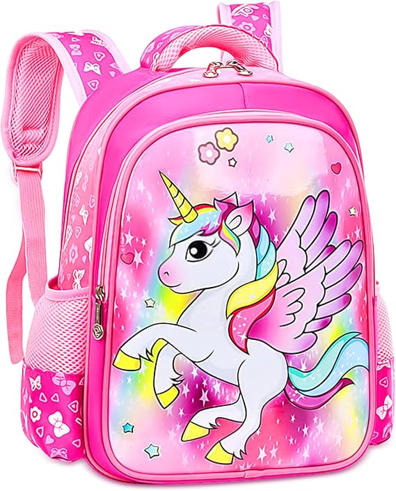 Children's Backpack Girls and Boys Unicorn Backpack School Backpack Unicorn Cartoon Print School Bag with Chest Strap and Compartments Waterproof Backpack Pink Leisure Backpack for Learning Travel (Pink Large)