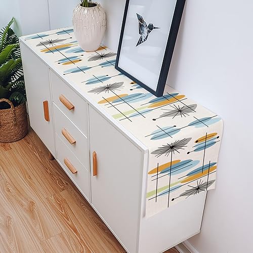 Miniatura 5 de Camino de mesa de 90 pulgadas de largo de mediados de siglo geométrico Abstact Lotus Orange Aqua Cotton Line Camino de mesa para interiores y