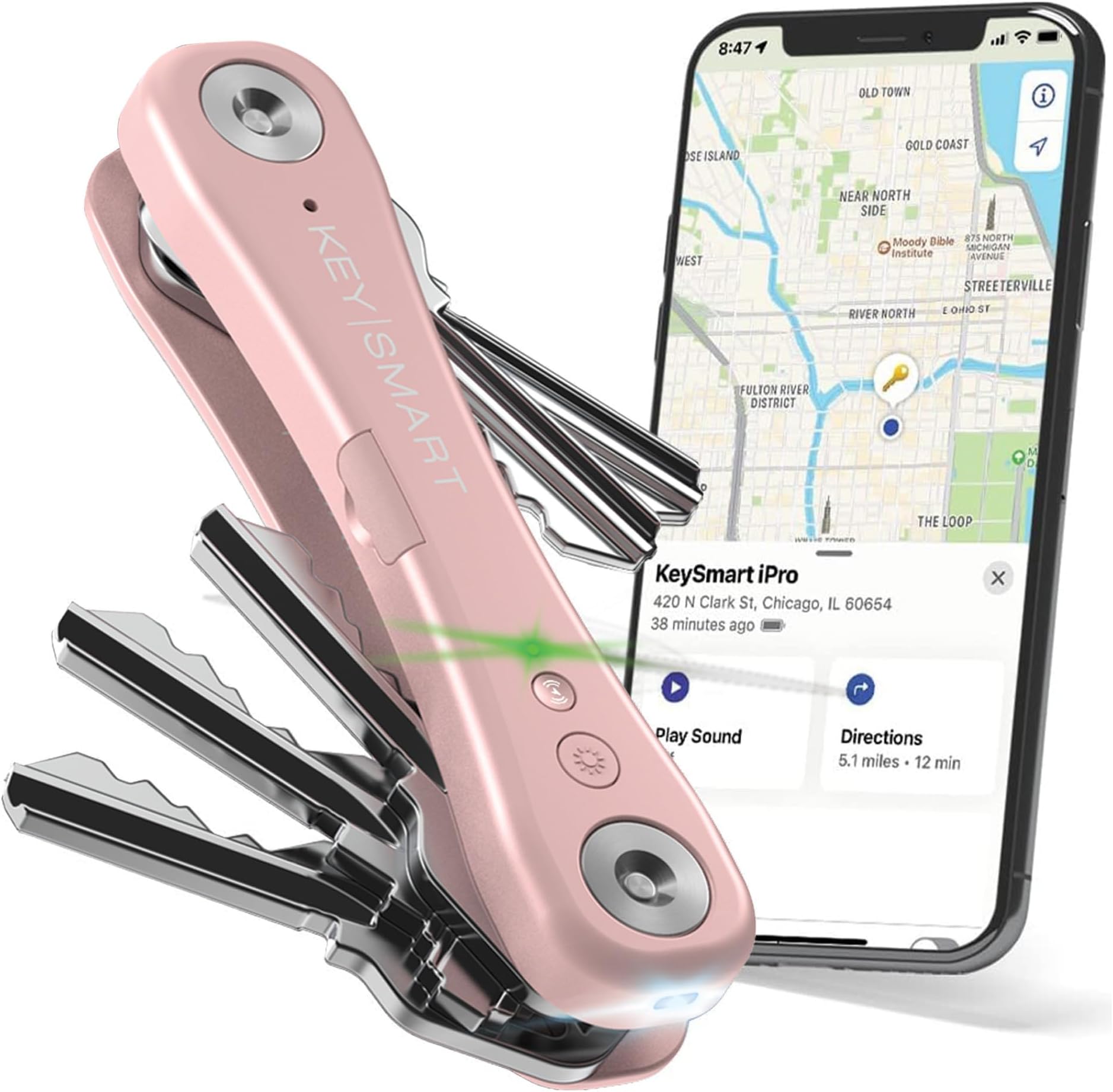KeySmart iPro Key Finder Locator with Sound - Keychain Key Holder, Apple Find My App Compatible, Key Organizer, Compact Clutter-Free Key Chain Tracker, Tech Gifts for Women (Up to 14 Keys, Rose Gold)