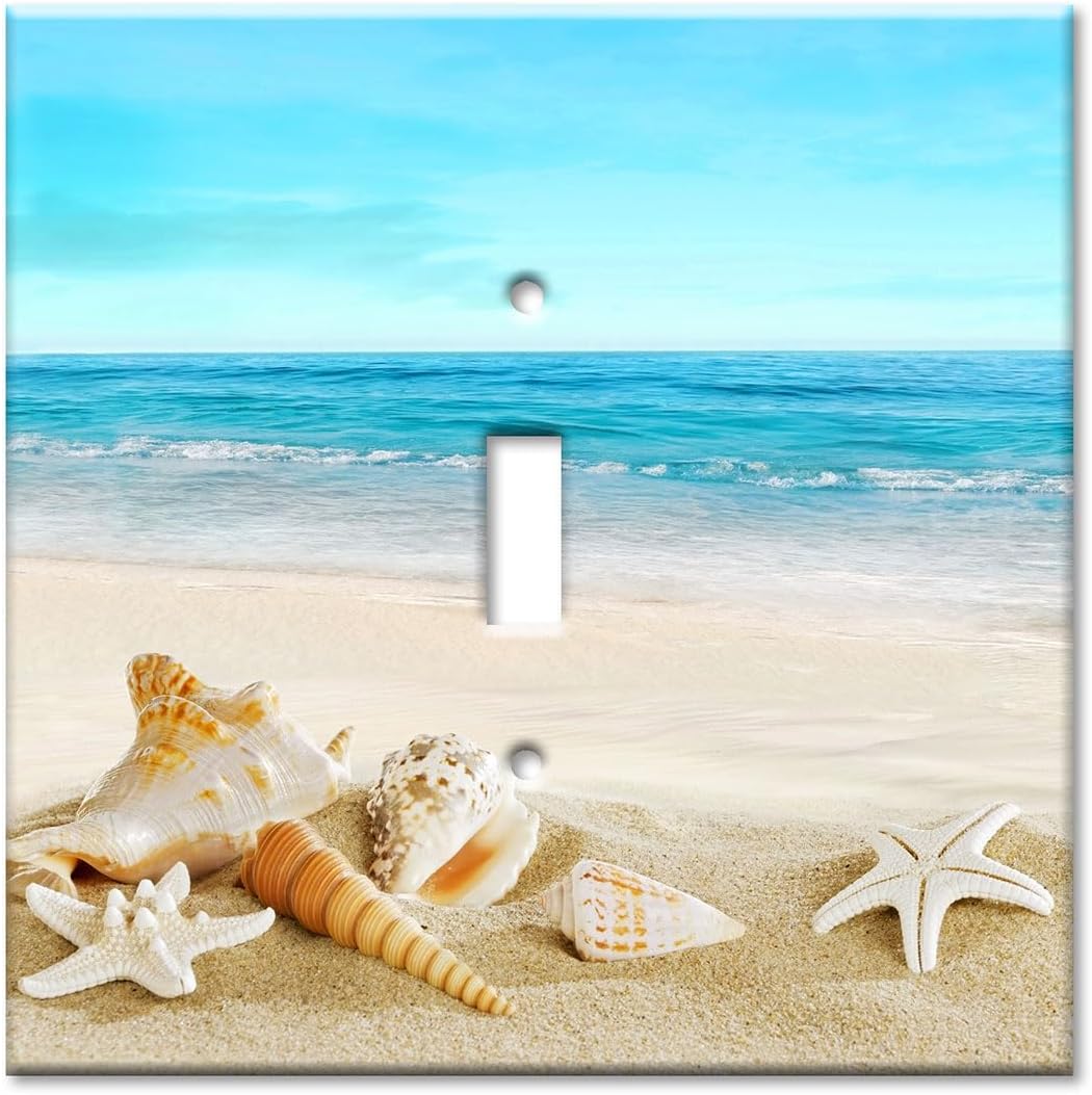 Art Plates - 2-Gang Combination OVERSIZED Switch Plate - OVER SIZE Wall Plate - Rocker - Toggle - Seashells on The Beach - Made in USA