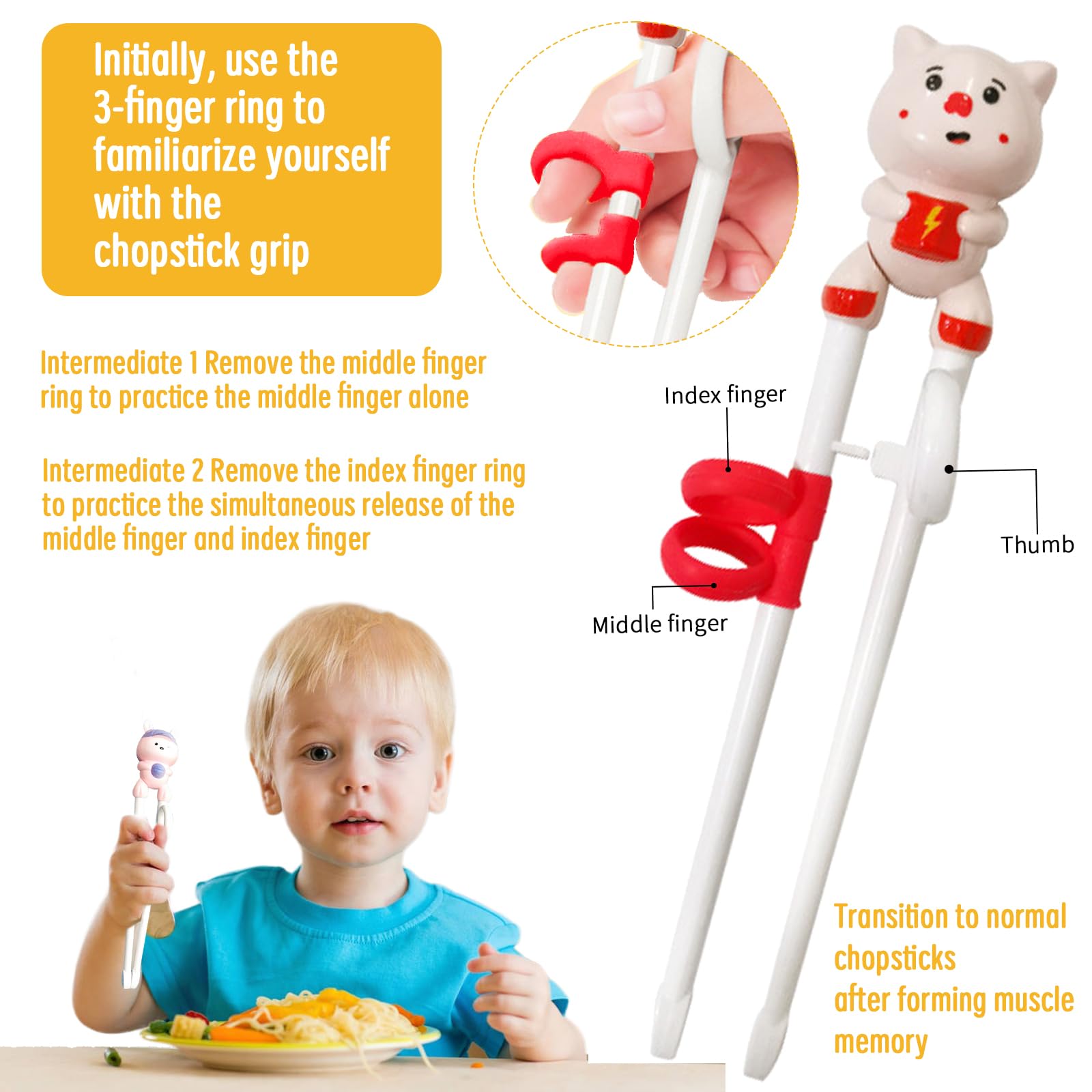 4 Paia Bacchette Allenamento Bambini - Con Anelli Aiuto E Design Animali Carini