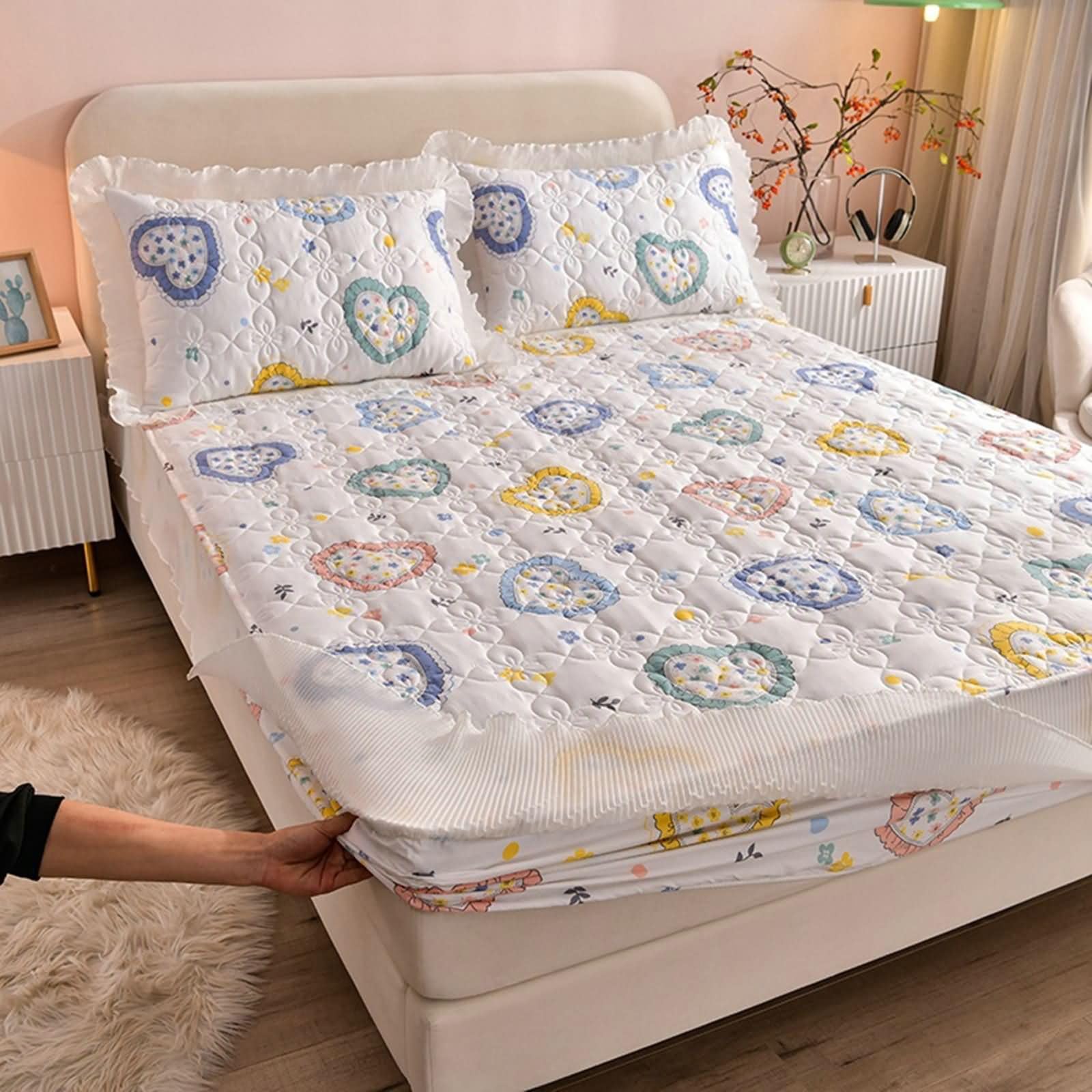Prześcieradło z gumką z bawełny, 150 x 200 x 30 cm, ze wzorem w serce, gruby materac do 25 cm, prześcieradło z gumką na zimę