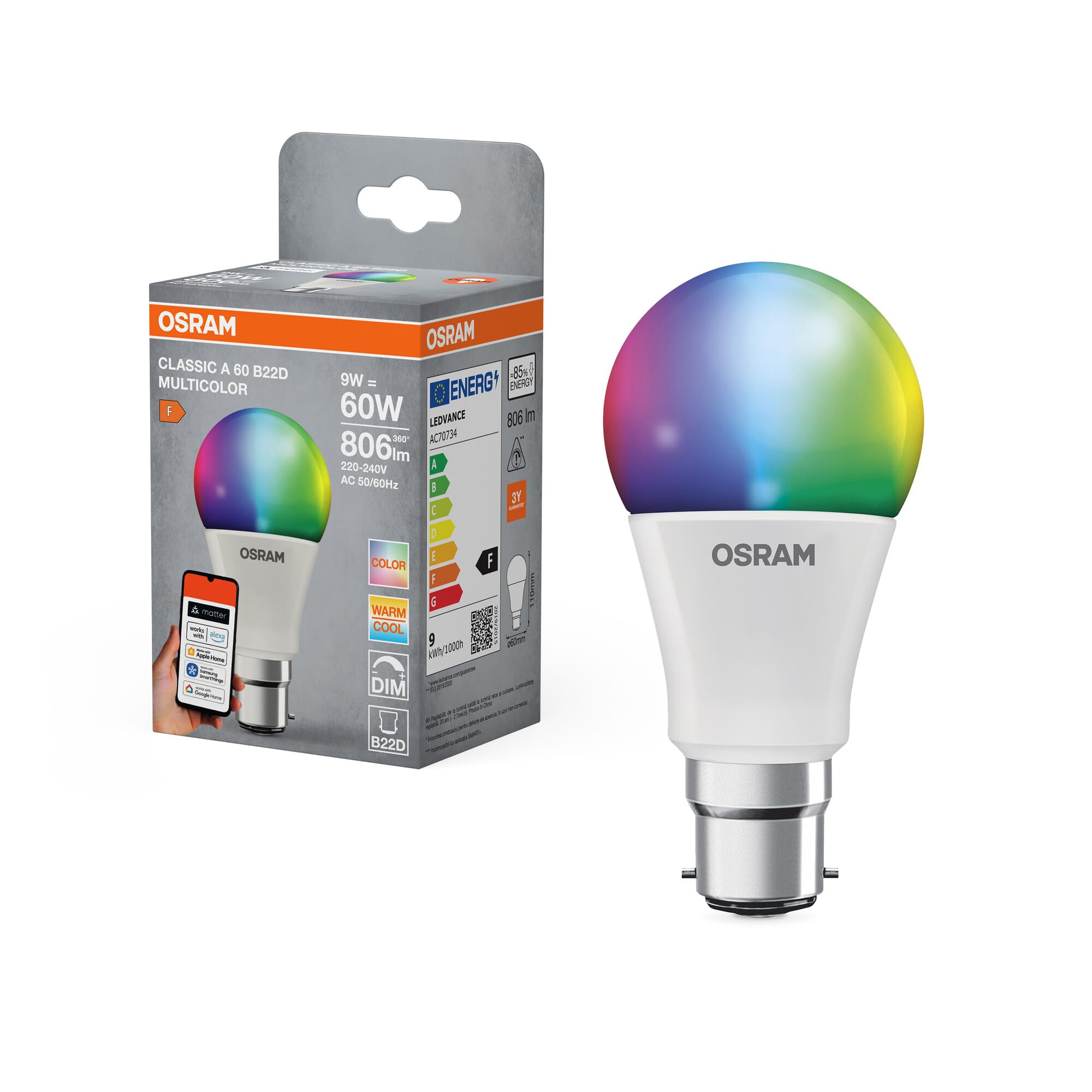 OSRAM OSRAM Smart+ RGBW, B22d LED lamp with Matter Over WiFi, Specially Designed for Alexa - Easy Setup with one Click, 60W Replacement, Warm White to Cool White (2700-6500K), 16 Million RGB Colors, 1-Pack