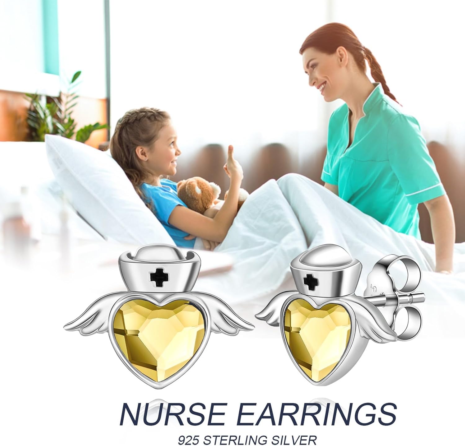 Nurse Earrings for Women 925 Sterling Silver Angel Earrings Stud Nurse Jewelry Birthstone Gifts for Doctor RN Medical Student Nurses Day