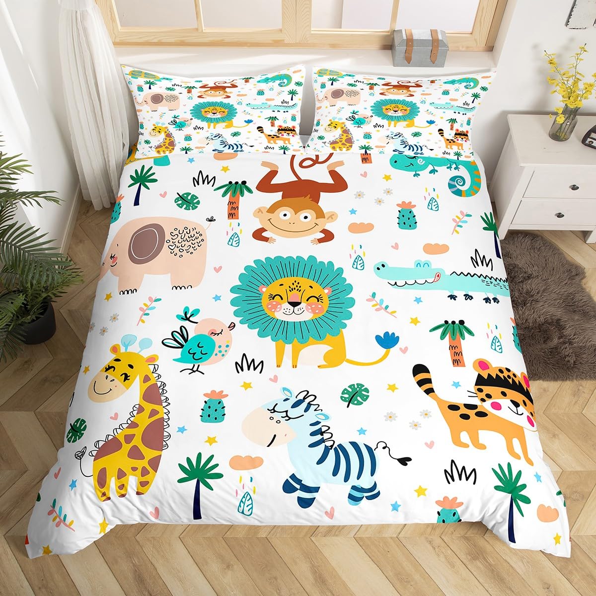 Feelyou Set Biancheria Da Letto Queen Size 7 Pezzi Con Animali Dello Zoo Safari - Piumone, Lenzuola E Federe In Morbida Microfibra