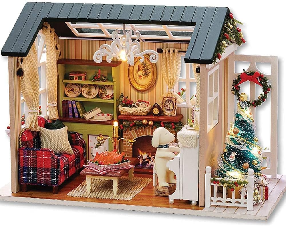 DIY Miniature House Kits with Furniture and LED Lights, CUTEROOM 3D Wooden Dolls House Kits to Build for Teens Adults Birthday (Retro Holiday House)
