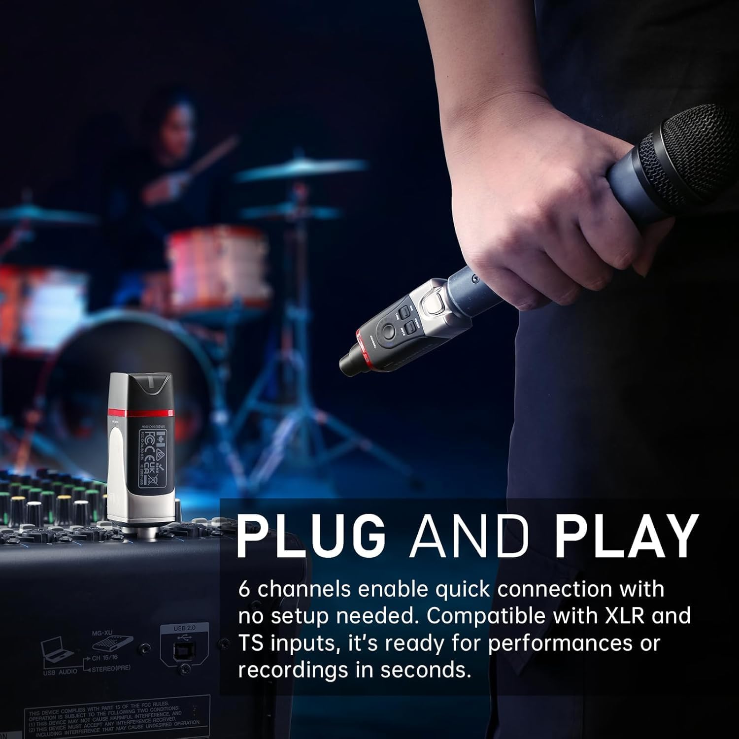 Xvive U35D transmitter connected to a microphone and receiver connected to a mixer