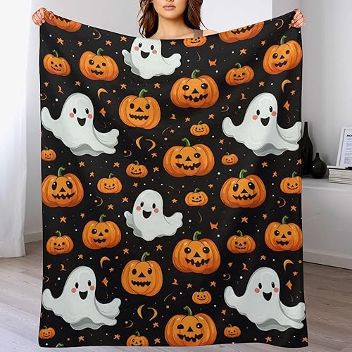 AGYTBG - Manta de franela de forro polar, manta suave y cálida de felpa, telaraña, sombrero de bruja, murciélagos negros y calabazas decoradas,