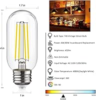 Vista 2 de E26 LED Light Bulb 4W,Equivalent 40W,E26 Tubular Light Bulb Non Dimmable Daylight 4000K,Antique Clear Edison Filament Bulb,Pack of 6