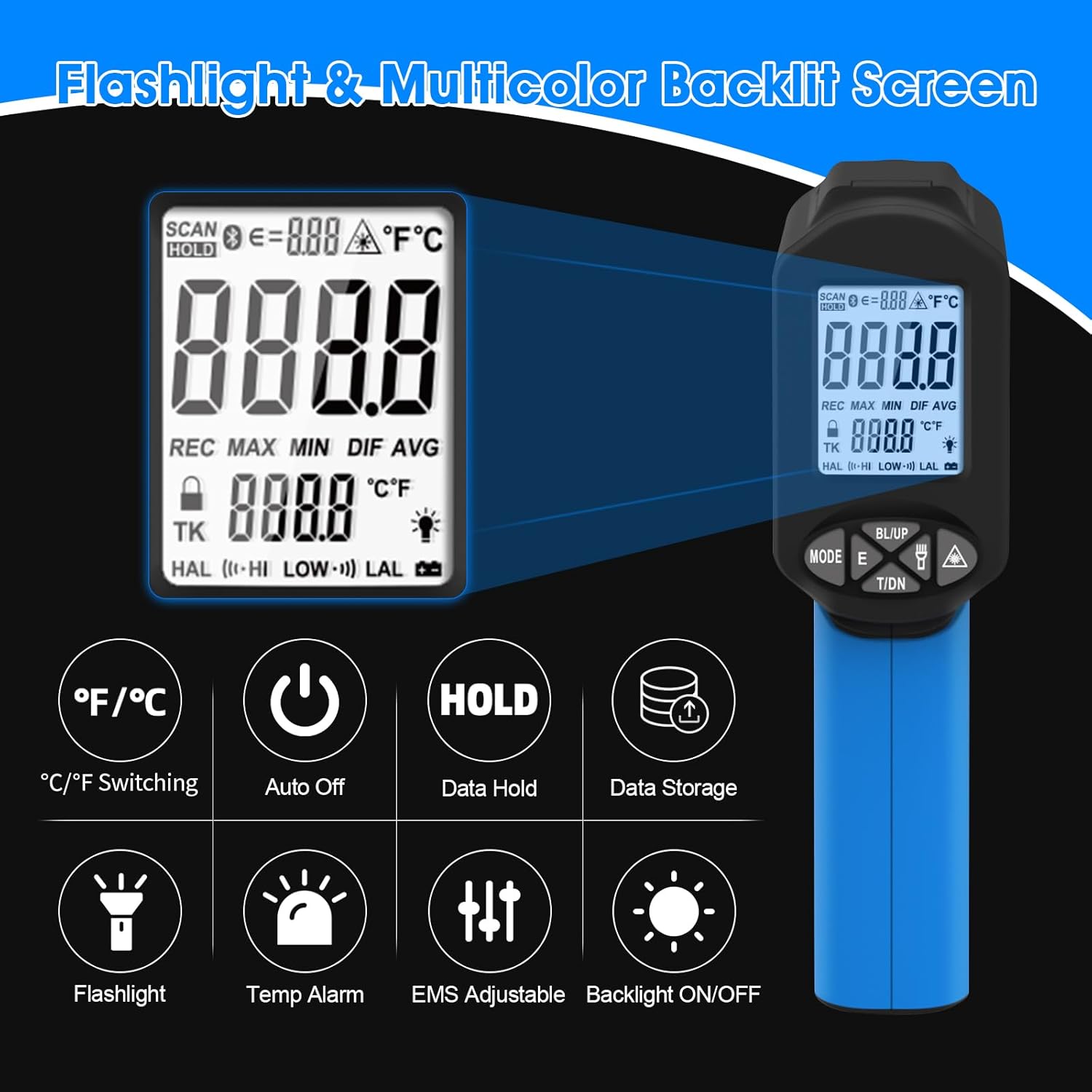 -58°F to 2876°F High Temp Thermometer Gun,Industrial Pyrometer DS 30:1 Non-Contact Laser Thermometer Gun with with Bluetooth,for Cooking, Griddle,Engine