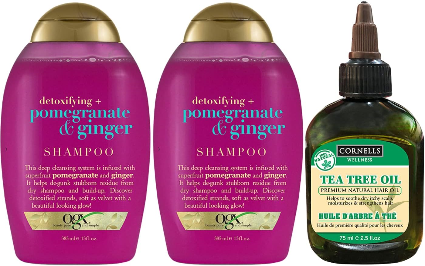 OGX Detoxifying + Pomegranate & Ginger Hair Shampoo 385 ml - PACK OF 2 - & Cornells Tea Tree Premium Hairs Oils 75 ml, 3 Piece Set, Detoxified, Silky & Smooth, Beautiful Look, Healthy, 2+1 Free-Set