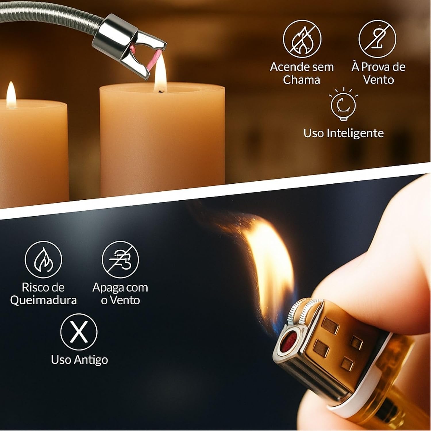 Isqueiro Acendedor Elétrico Recarregável USB para Fogão, Vela, Churrasqueira, Camping, Lareira - Elétrico Sem Chama Seguro Flexível e Antivento - Acendedor Isqueiro Elétrico Sustentável
