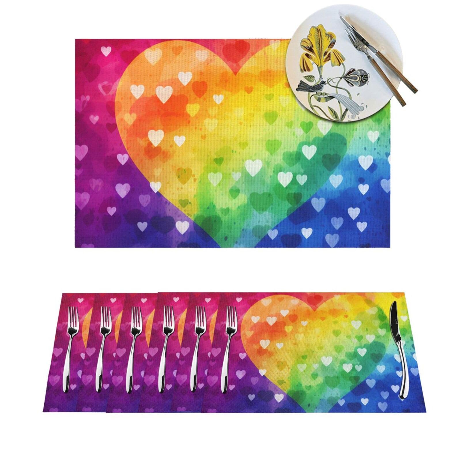 Set de table lavable PVC tissé motif cœur résistant à la chaleur pour cuisine - Lot de 6