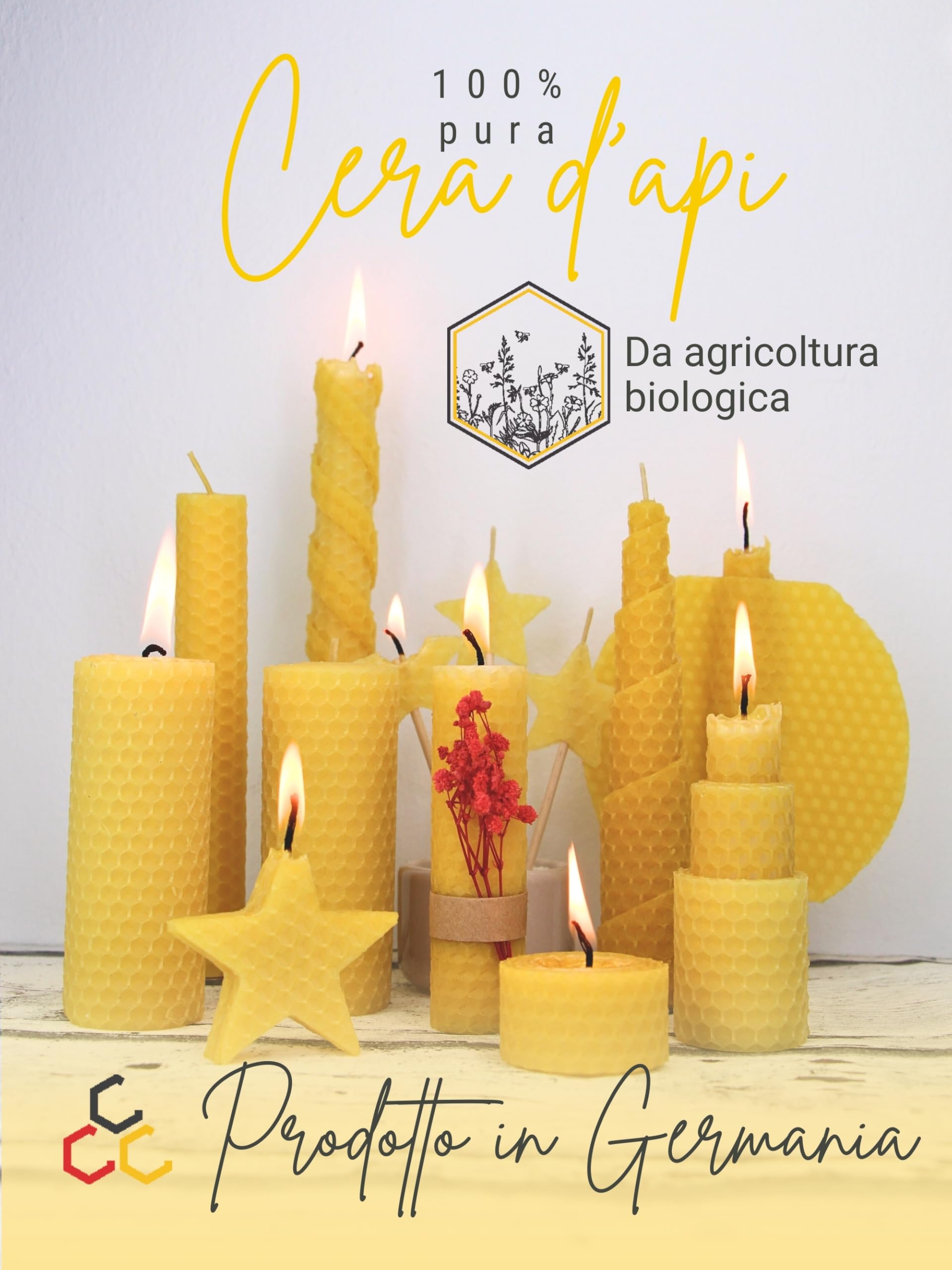 Wachsmann 100% pura cera d'api dalla Germania, set di candele fai da te, 15 lastre di cera d'api (15 x 20 cm) con stoppini di canapa per 15 candele di cera d'api, stoppini da 21 cm, candele