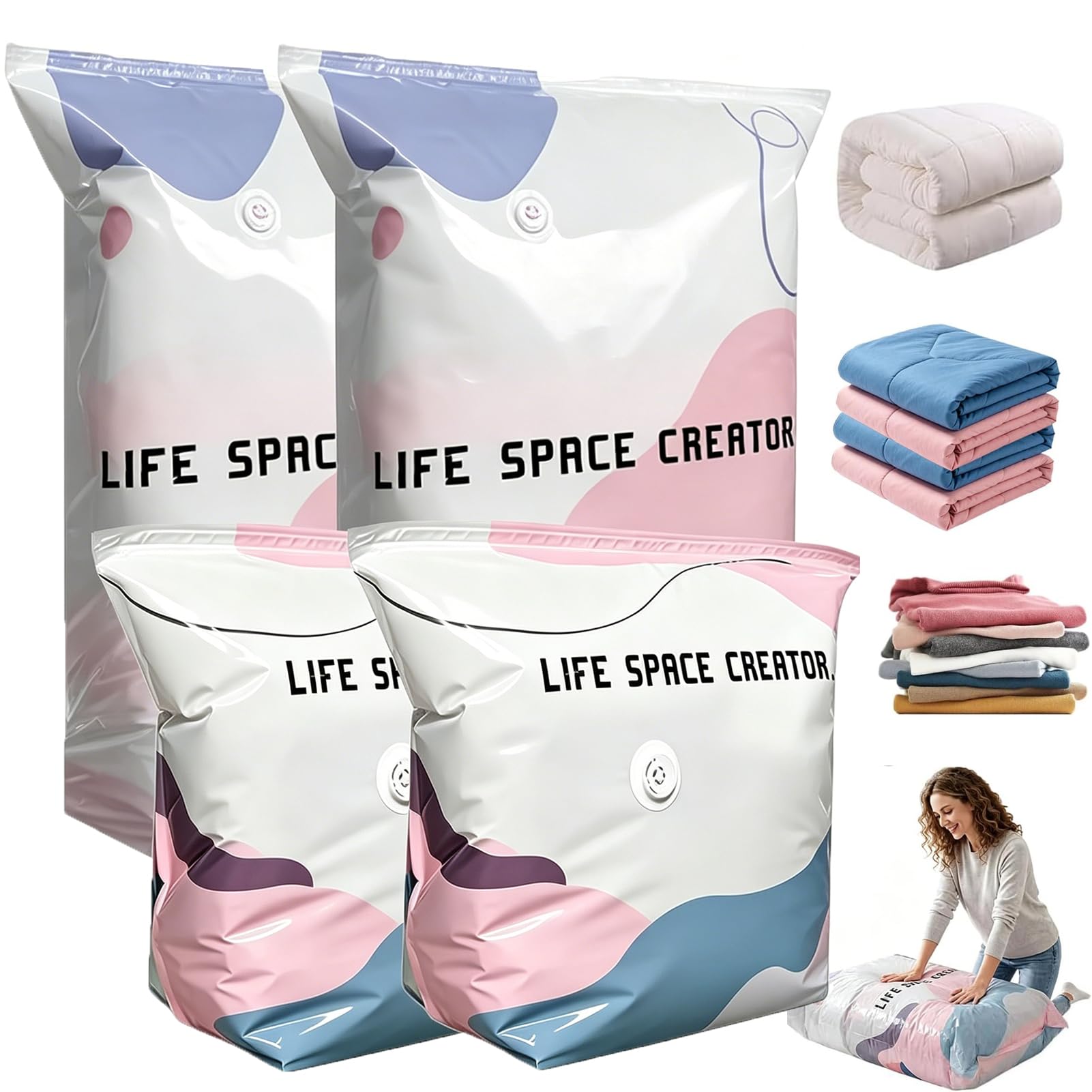 No Pump 3D Vacuum Storage Bags, 4PCS Press & Seal 3D Vacuum Bags for Travel Thickened Reusable Vacuum Pack Bag for Clothes, Duvet, Bedding, Blankets Fast Compression(2M+2L)
