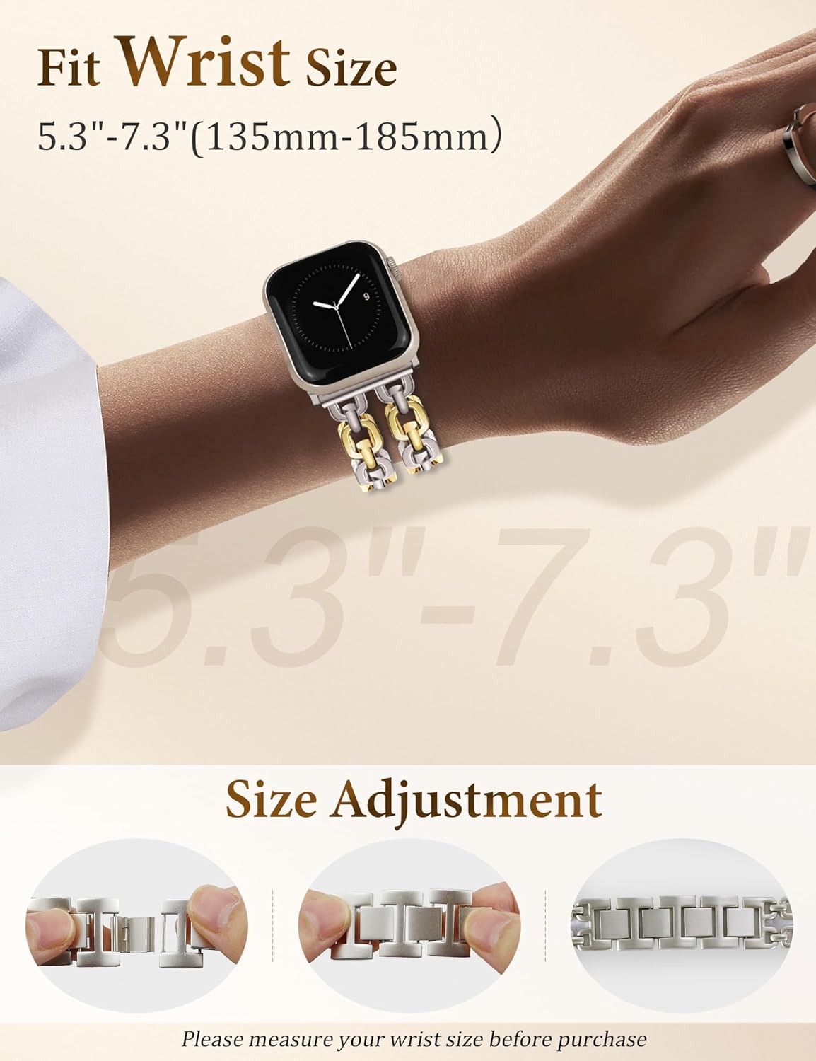 Gold Silver Watch Bands for Women Compatible with Apple Watch 38/40/41/42/44/46/49mm Adjustable Metal Strap Dressy Pretty Chain Bracelet for iWatch Series 11/10/9/8/7/6/5/4/SE/3/2/1/Ultra - Image 5