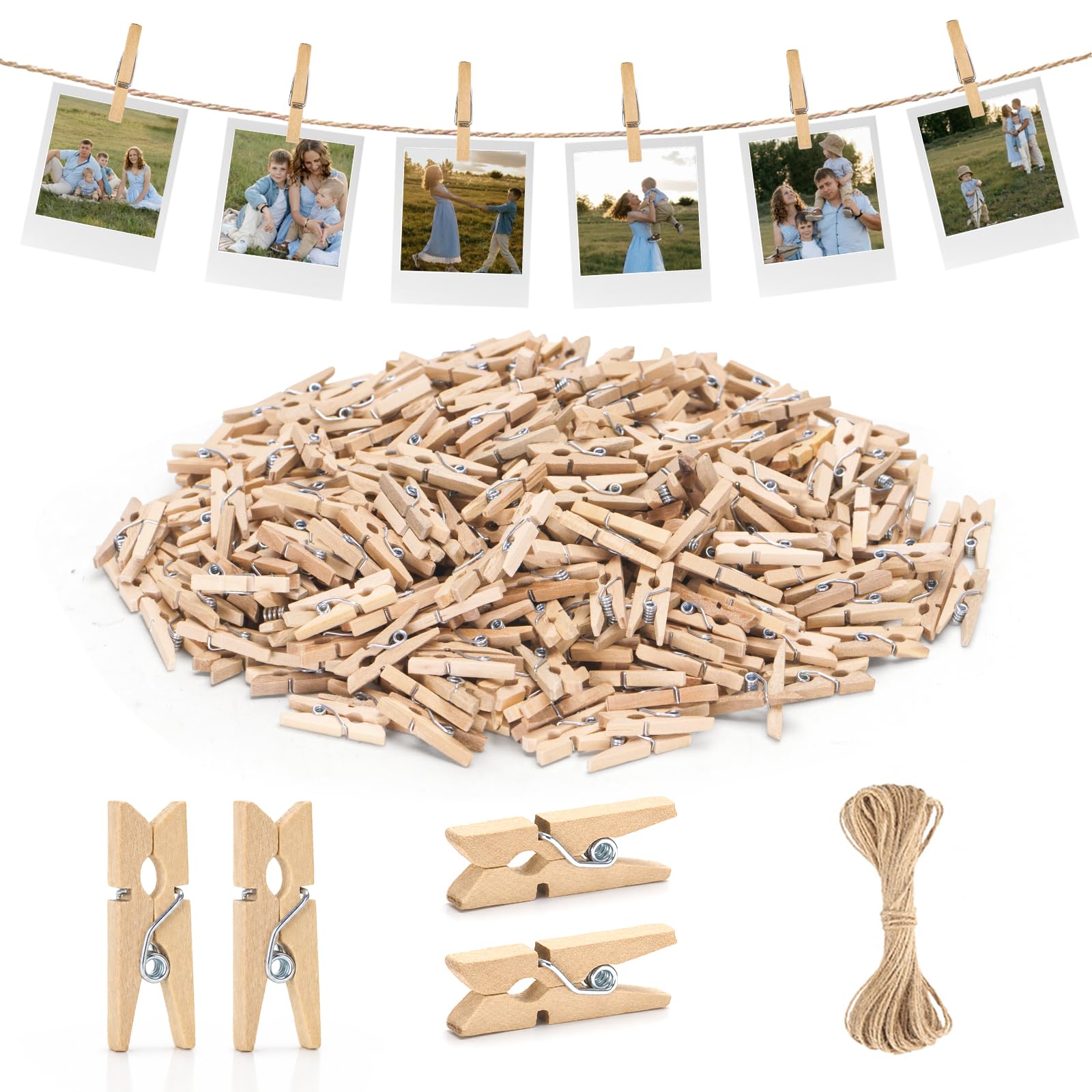 jijAcraft 2.5cm Mini Wooden Pegs: 300Pcs Mini Pegs for Hanging Photos Cards, Natural Small Wooden Clips with 10M Jute Twine for DIY Crafts, Wedding Decoration