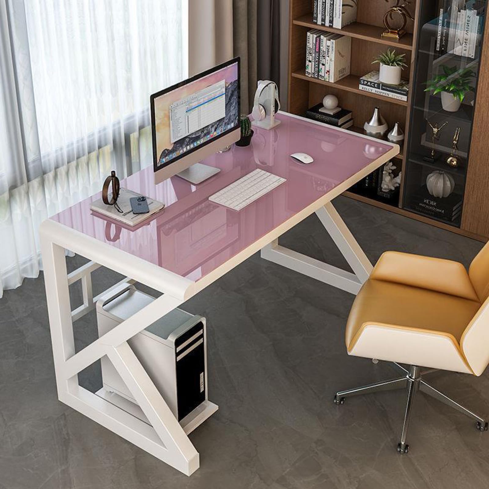 MESCXTY Tempered Glass Computer Desk, Modern Home Office Desk Gaming Writing Study Table Workstation for Office(100CM, Pink+White Frame)