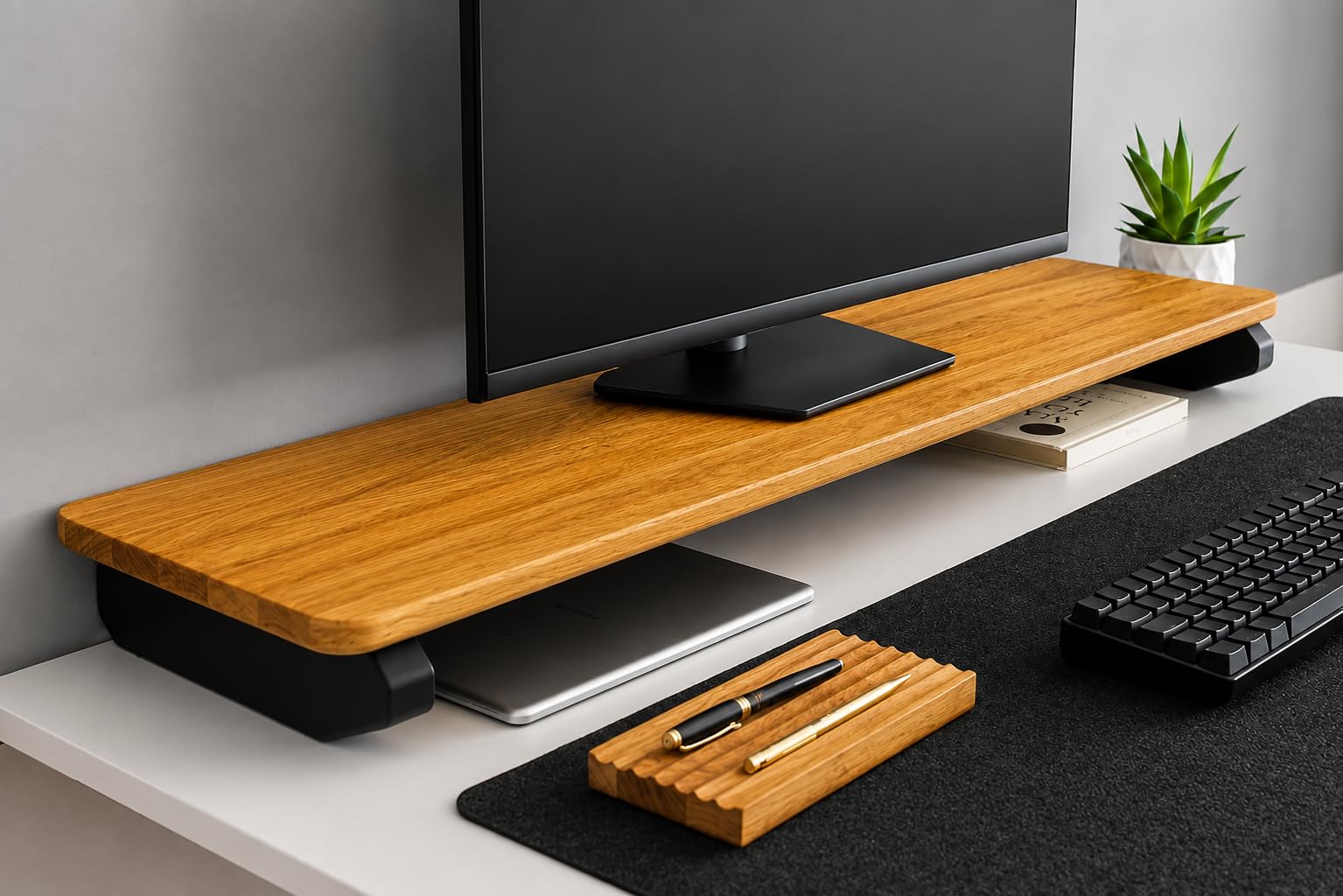 wooden computer monitor stand, monitor riser desk shelf desktop stand tv laptop riser (single shelf, 80cm long)