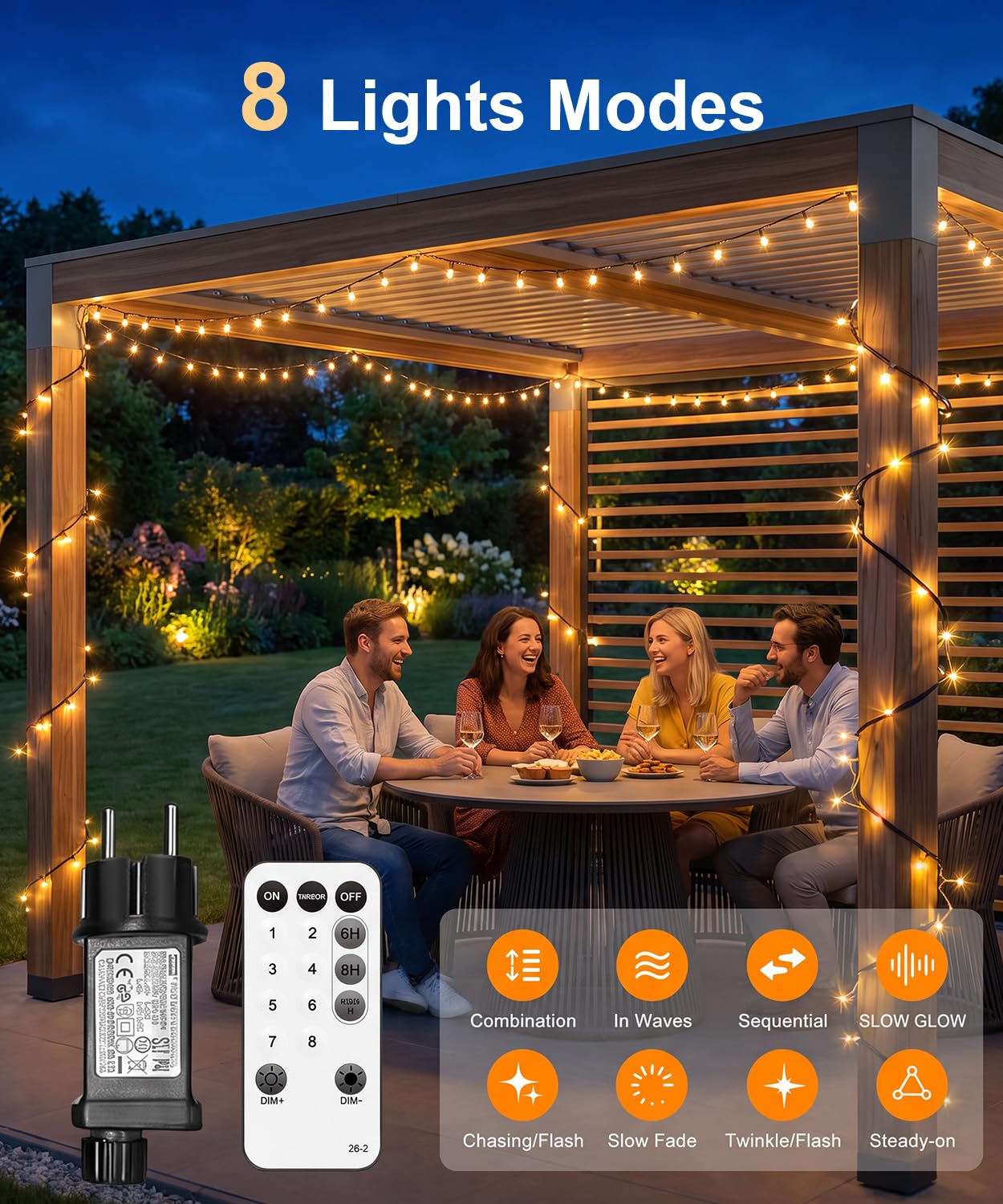 Guirlande lumineuse d'extérieur 80 m 800 LED blanc chaud avec prise, télécommande, 8 modes d'éclairage, minuterie et fonction mémoire, étanche IP44, pour jardin, balcon, intérieur, Noël, fête