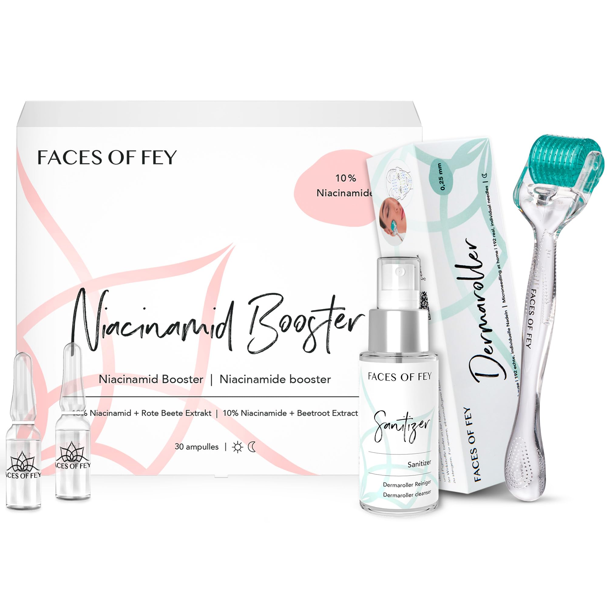 FACES OF FEY Derma roller 0,25 mm, 192 prawdziwe igły, 10% niacynamidu