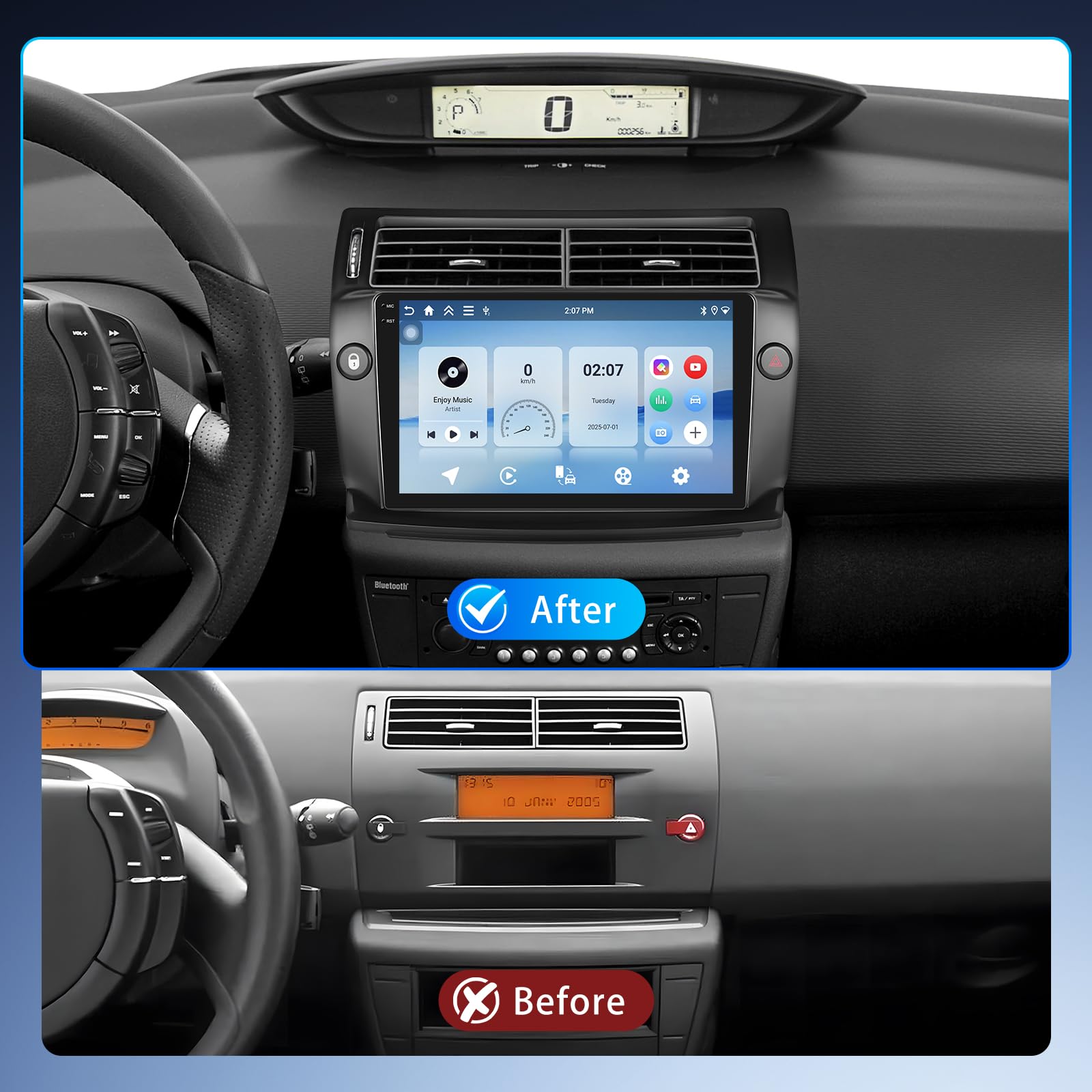 Autoradio 4+64G pour Citroën C4 (2004-2010), Android 15 stéréo de Voiture avec écran Tactile in-Cell 9 Pouces 720 * 1280P, Compatible CarPlay et Android Auto, FM, Bluetooth, WiFi