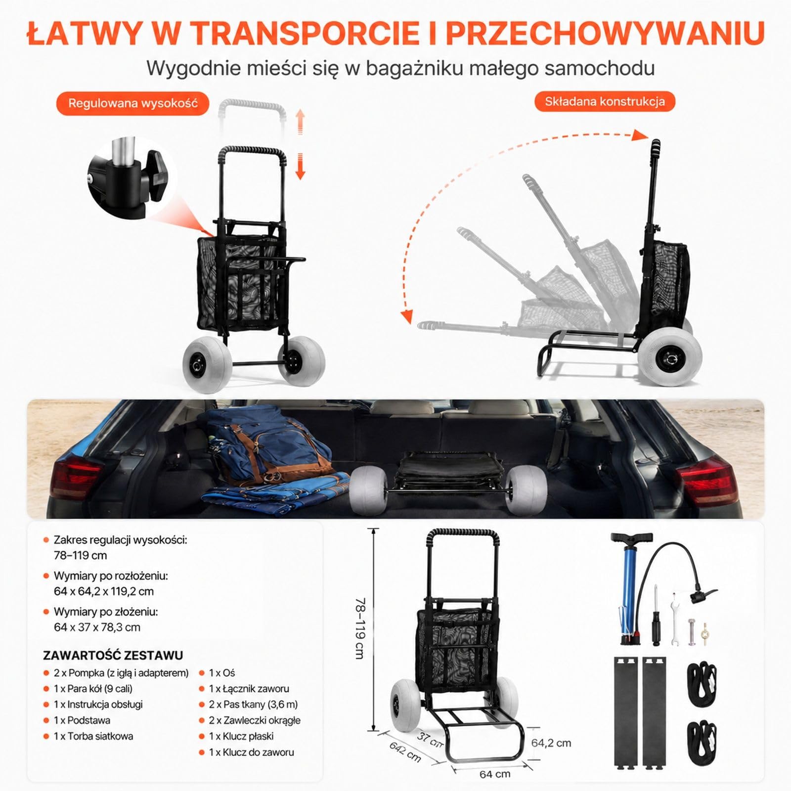 Składany stalowy wózek plażowy z dużymi kołami do piasku, siatkową torbą i akcesoriami do transportu na plaży