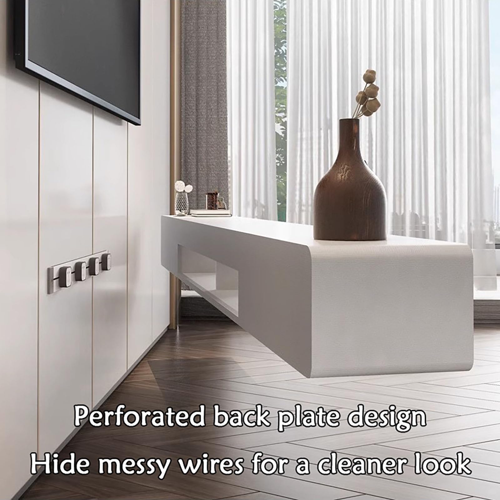 Mobile TV sospeso sottile da parete, in legno massello, console multimediale con ripiano portaoggetti per piccoli spazi, design moderno (legno + bianco, 200 cm)