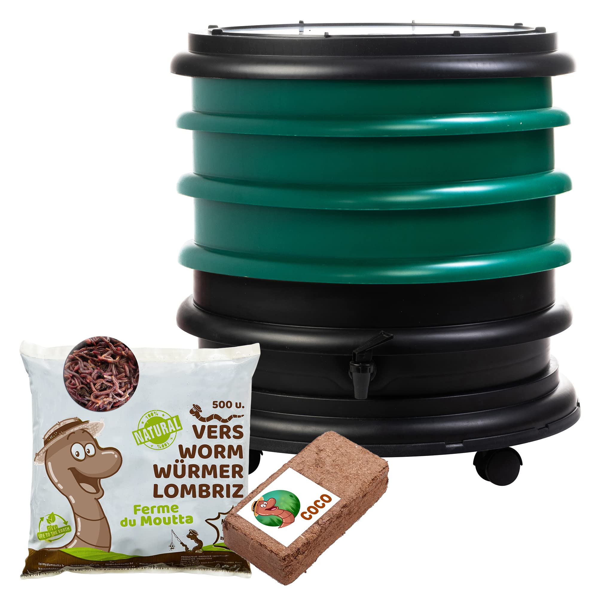 WORMbox | Wormery Worm Farm composter 3 Dark green Trays + 250gr of Compost Worms / 500 ctn + 1 Coco | 48 liters | Organic Waste Compost, make your Worm Castings — image 1