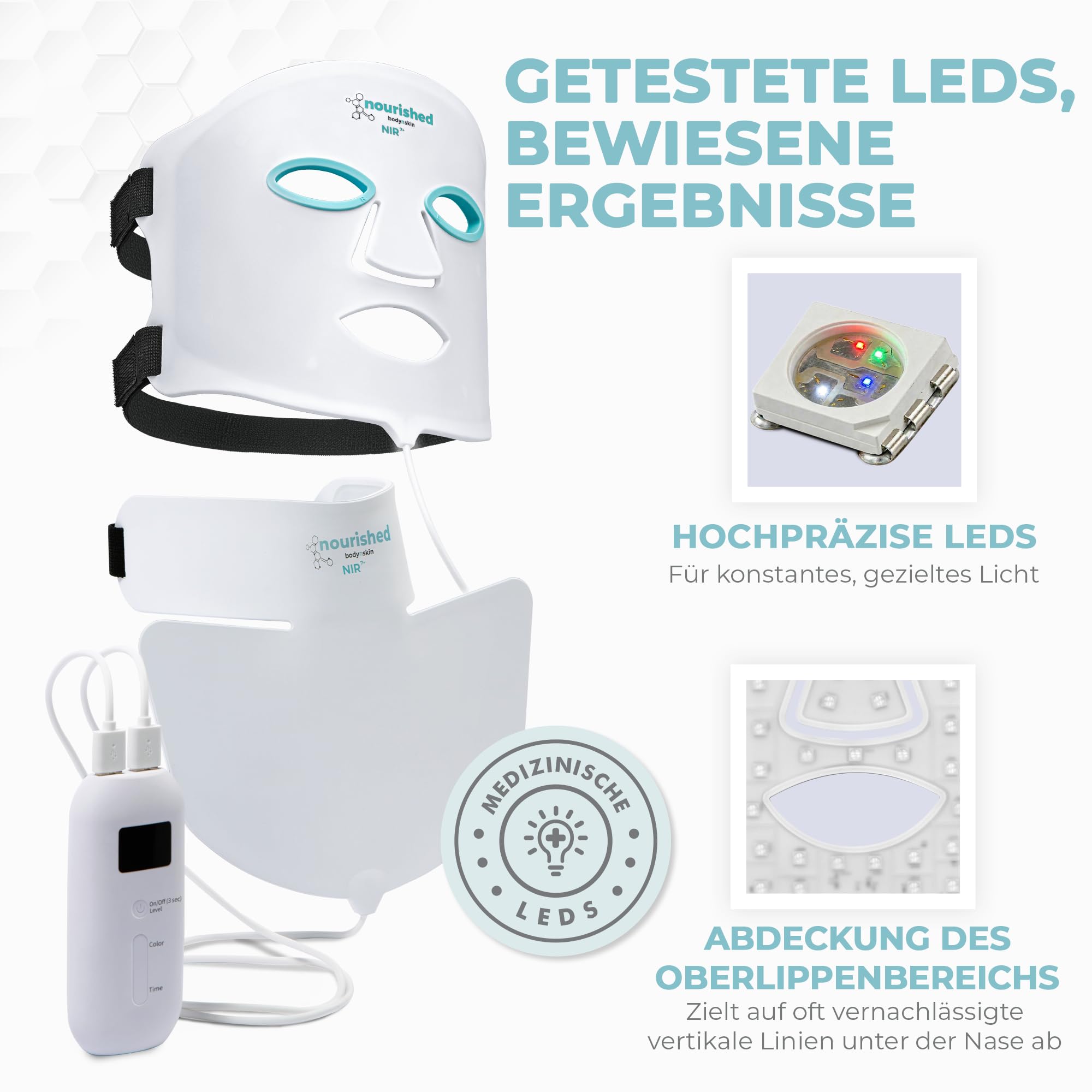 Nourished Bodynskin 7 Farben LED-Gesichts- und Nackenmaske mit Nahinfrarot - Blaues, rotes Lichttherapiegerät für das Gesicht - 912 LEDs - Hautpflege-Werkzeug gegen die Hautalterung
