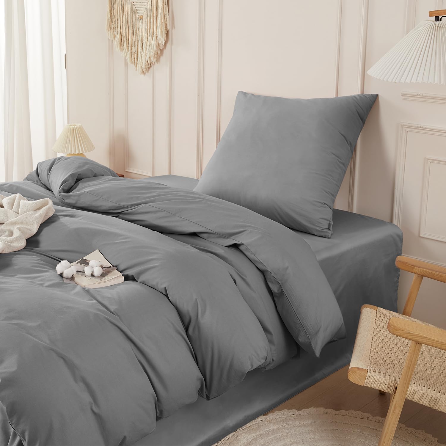 Housse de couette 135 x 200 coton gris style lin avec fermeture éclair