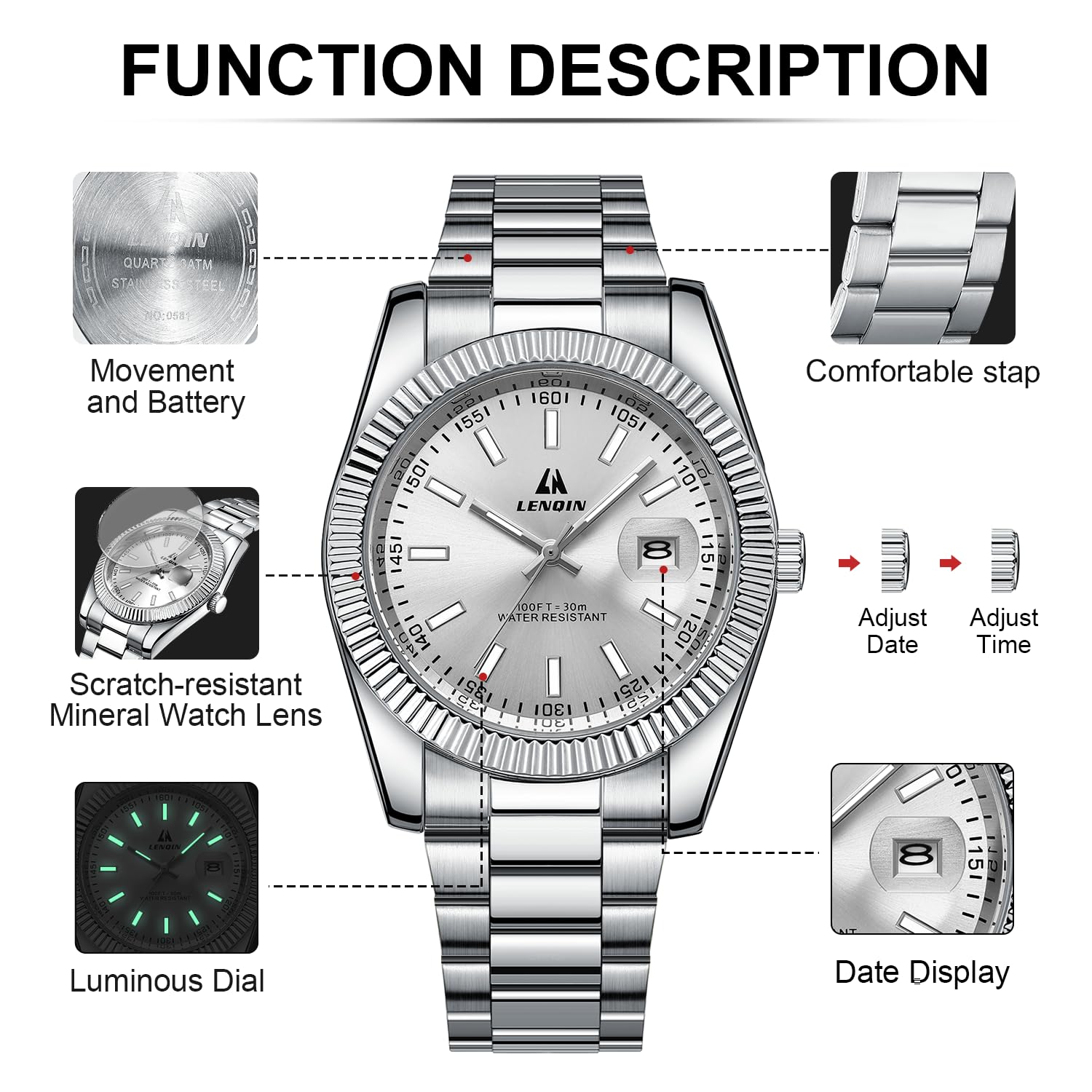 LN LENQIN Mens Watches Waterproof Stainless Steel Watch for Men Analog Quartz Fashion Business Designer Wristwatch