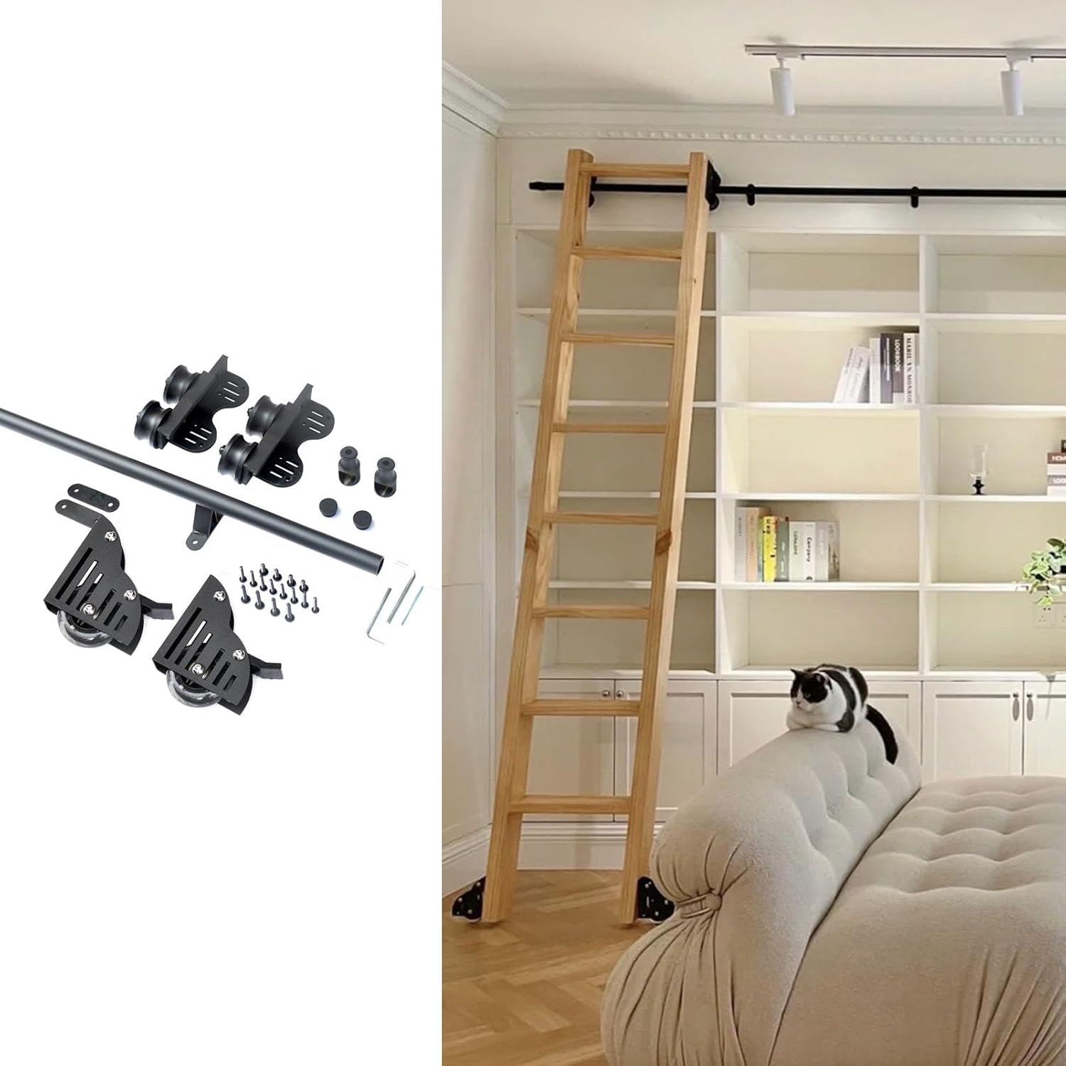 3ft-26.2ft Rolling Library Ladder Kit, Telescopic Upper Roller Wall Mount Sliding Library Ladder Hardware Kit, Stable Style&Functional Design,13ft/400cm Track Kit