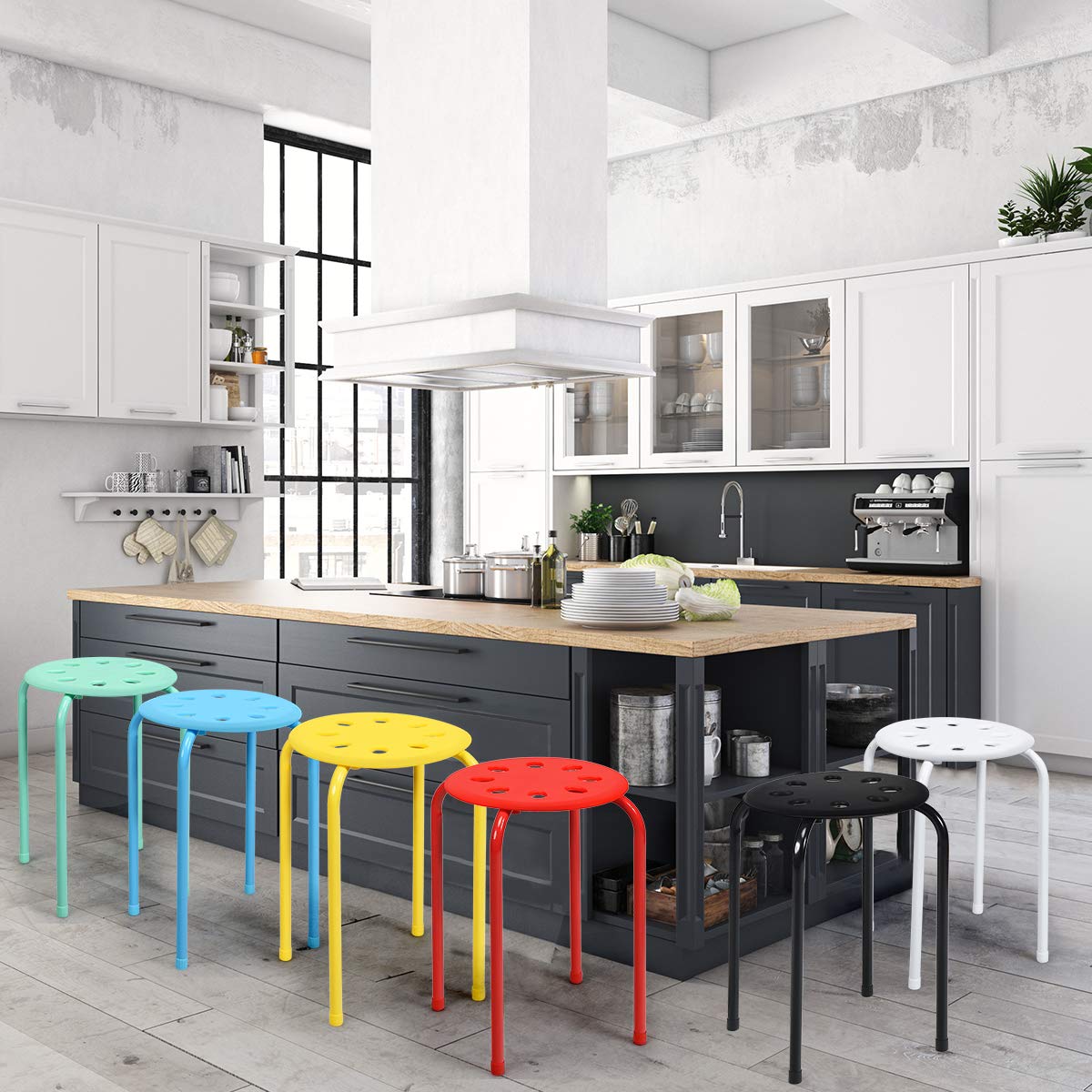 GOPLUS Juego de 6 Taburetes Apilables de Metal, Taburetes Redondons sin Respaldo con Asiento Plástico, Conjunto de Taburetes Portátile para Cocina Comedor Escuela Oficina, 37×37×44 cm (Multicolor)