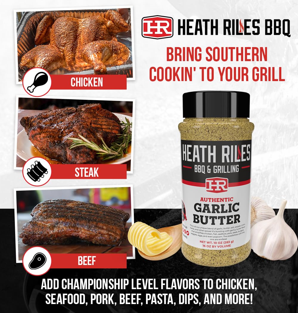 Heath Riles BBQ Rub - Garlic Butter Seasoning, Champion Pitmaster Recipe, Legendary Rubs For Smoking & Grilling, 80+ BBQ Championships, 10 oz. - Image 3