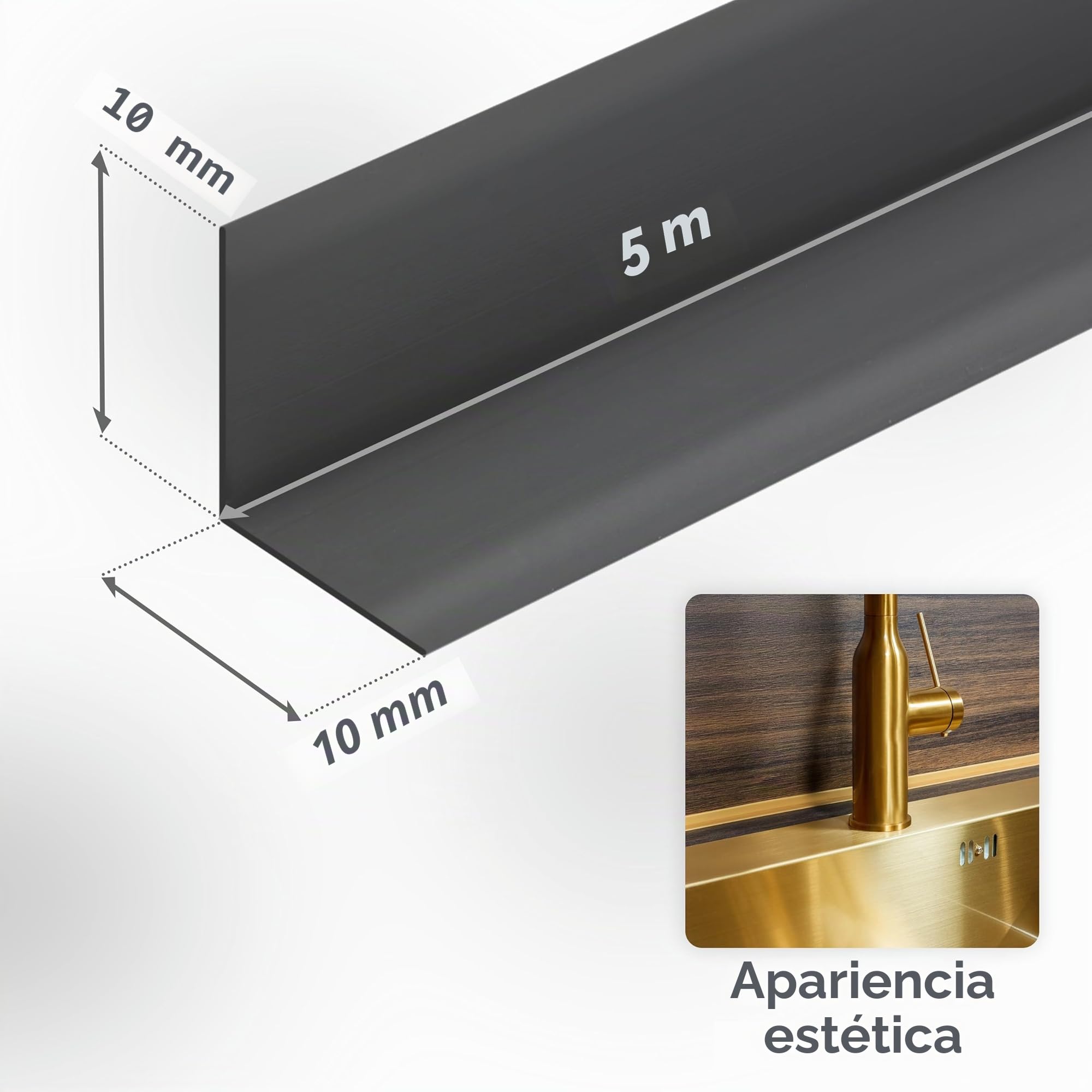 Quest Rodapiés Flexible Autoadhesivo, Rodapié Plegable para Cocina, Baño, Cinta de sellado - Perfil PVC, Estanco, Decorativo - 10 mm x 10 mm - (Gris claro, 5m)