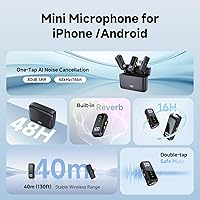 Vista 2 de Micrófono Lavalier inalámbrico 3 en 1 para cámara, iPhone, teléfono Android, mini micrófonos, batería de 130 pies y 16 horas, sistema de micrófono