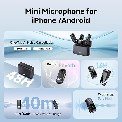 Miniatura 2 de Micrófono Lavalier inalámbrico para Android iPhone15 16 pro PC, batería de 48 horas, rango de 131.2 ft, cancelación de ruido de 3 niveles y