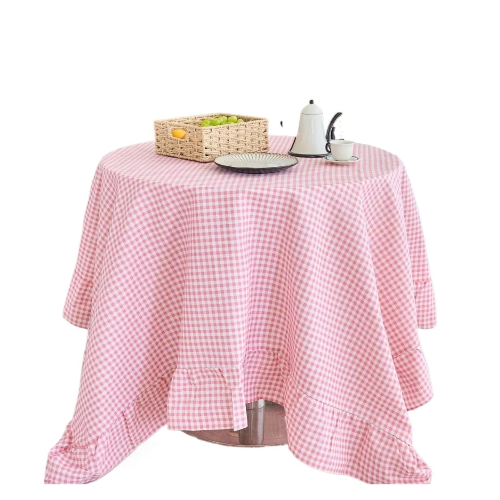 Table ClothRuffle, Ruffle Tablecloth Plaid Linen-cotton Table Cover Multicolor Multiple Sizes(Pink,140x180cm)
