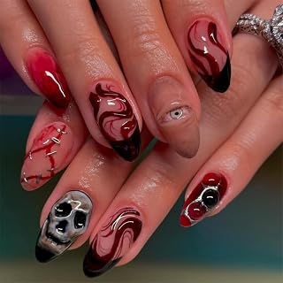 Halloween Press on Nail 3d Fake Nails Full Cover Horror Stick on Nail with Skull Eyes Blood designs Short Almond Shape Press ones Spooky Glue on Nails for Women Party Finger Manicure 24pcs